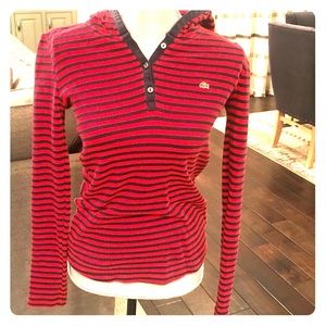 Lacoste red/navy cotton striped hoody w/ pockets